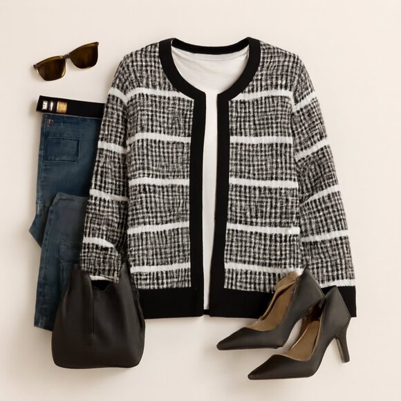 Keren Hart Vintage-Inspired Black & White Textured Cardigan - Size L - Picture 1 of 7